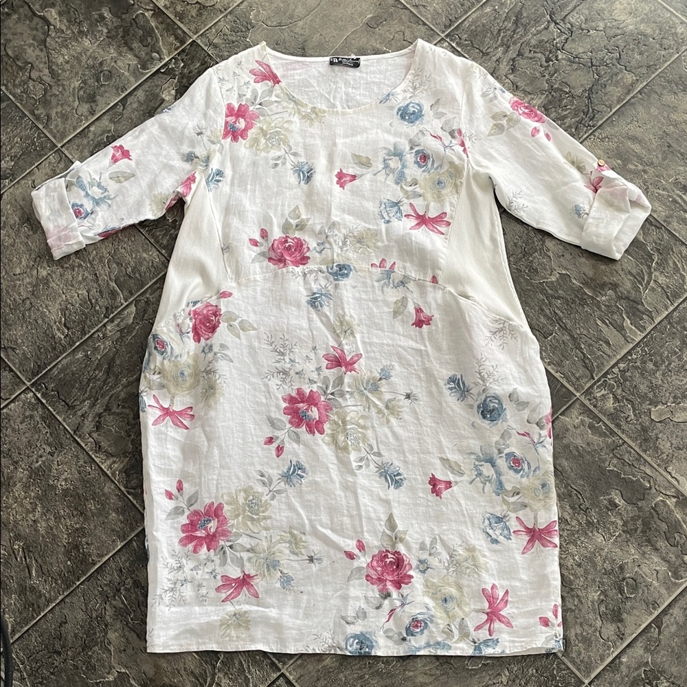 BELLA AMORE Linen Floral 3/4 Sleeve Dress Coastal Cottage Preppy Old-Money Chic